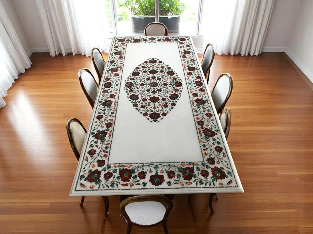 Artisan-crafted Marble Dining Table Natural Beauty of Semi Precious Gemstones